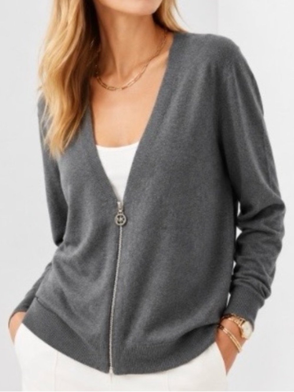 MICHAEL Michael Kors Women’s Dark Gray Zip Up V-Neck Cardigan Sweater